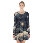 Starry Sky Moon Space Cosmic Galaxy Nature Art Clouds Art Nouveau Abstract Long Sleeve Velvet V-neck Dress