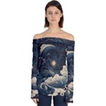 Starry Sky Moon Space Cosmic Galaxy Nature Art Clouds Art Nouveau Abstract Off Shoulder Long Sleeve Top