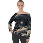 Starry Sky Moon Space Cosmic Galaxy Nature Art Clouds Art Nouveau Abstract Off Shoulder Long Sleeve Velour Top