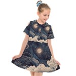 Starry Sky Moon Space Cosmic Galaxy Nature Art Clouds Art Nouveau Abstract Kids  Short Sleeve Shirt Dress