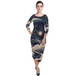 Starry Sky Moon Space Cosmic Galaxy Nature Art Clouds Art Nouveau Abstract Quarter Sleeve Midi Velour Bodycon Dress