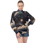 Starry Sky Moon Space Cosmic Galaxy Nature Art Clouds Art Nouveau Abstract High Neck Long Sleeve Chiffon Top