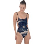 Starry Sky Moon Space Cosmic Galaxy Nature Art Clouds Art Nouveau Abstract Tie Strap One Piece Swimsuit