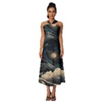 Starry Sky Moon Space Cosmic Galaxy Nature Art Clouds Art Nouveau Abstract Sleeveless Cross Front Cocktail Midi Chiffon Dress