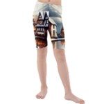 Village Reflections Snow Sky Dramatic Town House Cottages Pond Lake City Kids  Mid Length Swim Shorts