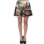 Village Reflections Snow Sky Dramatic Town House Cottages Pond Lake City Skater Skirt