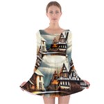Village Reflections Snow Sky Dramatic Town House Cottages Pond Lake City Long Sleeve Skater Dress