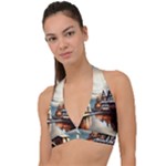 Village Reflections Snow Sky Dramatic Town House Cottages Pond Lake City Halter Plunge Bikini Top