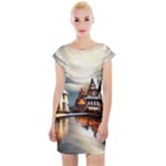 Village Reflections Snow Sky Dramatic Town House Cottages Pond Lake City Cap Sleeve Bodycon Dress