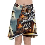 Village Reflections Snow Sky Dramatic Town House Cottages Pond Lake City Chiffon Wrap Front Skirt