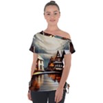 Village Reflections Snow Sky Dramatic Town House Cottages Pond Lake City Off Shoulder Tie-Up T-Shirt