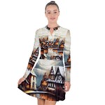Village Reflections Snow Sky Dramatic Town House Cottages Pond Lake City Long Sleeve Panel Dress
