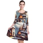 Village Reflections Snow Sky Dramatic Town House Cottages Pond Lake City Quarter Sleeve Waist Band Dress