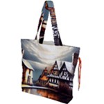 Village Reflections Snow Sky Dramatic Town House Cottages Pond Lake City Drawstring Tote Bag
