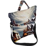 Village Reflections Snow Sky Dramatic Town House Cottages Pond Lake City Fold Over Handle Tote Bag