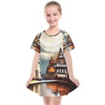 Village Reflections Snow Sky Dramatic Town House Cottages Pond Lake City Kids  Smock Dress