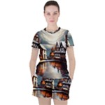 Village Reflections Snow Sky Dramatic Town House Cottages Pond Lake City Women s T-Shirt and Shorts Set