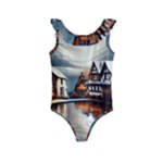 Village Reflections Snow Sky Dramatic Town House Cottages Pond Lake City Kids  Frill Swimsuit