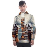 Village Reflections Snow Sky Dramatic Town House Cottages Pond Lake City Men s Front Pocket Pullover Windbreaker