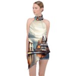 Village Reflections Snow Sky Dramatic Town House Cottages Pond Lake City Halter Asymmetric Satin Top