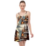 Village Reflections Snow Sky Dramatic Town House Cottages Pond Lake City Summer Time Chiffon Dress