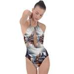 Village Reflections Snow Sky Dramatic Town House Cottages Pond Lake City Plunge Cut Halter Swimsuit