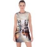 Village Reflections Snow Sky Dramatic Town House Cottages Pond Lake City Lace Up Front Bodycon Dress