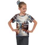 Village Reflections Snow Sky Dramatic Town House Cottages Pond Lake City Kids  Mesh Piece T-Shirt