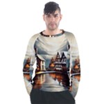 Village Reflections Snow Sky Dramatic Town House Cottages Pond Lake City Men s Long Sleeve Raglan T-Shirt