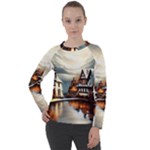 Village Reflections Snow Sky Dramatic Town House Cottages Pond Lake City Women s Long Sleeve Raglan T-Shirt