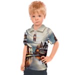 Village Reflections Snow Sky Dramatic Town House Cottages Pond Lake City Kids  Polo T-Shirt
