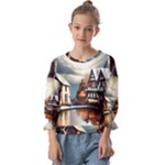 Village Reflections Snow Sky Dramatic Town House Cottages Pond Lake City Kids  Cuff Sleeve Top