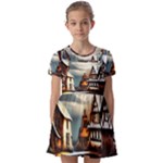 Village Reflections Snow Sky Dramatic Town House Cottages Pond Lake City Kids  Short Sleeve Pinafore Style Dress