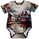 Village Reflections Snow Sky Dramatic Town House Cottages Pond Lake City Baby Short Sleeve Bodysuit