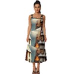 Village Reflections Snow Sky Dramatic Town House Cottages Pond Lake City Square Neckline Tiered Midi Dress