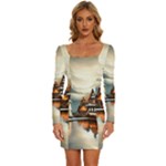 Village Reflections Snow Sky Dramatic Town House Cottages Pond Lake City Long Sleeve Square Neck Bodycon Velvet Dress