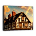 Village House Cottage Medieval Timber Tudor Split timber Frame Architecture Town Twilight Chimney Canvas 14  x 11  (Stretched)
