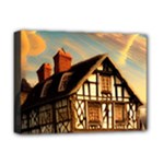 Village House Cottage Medieval Timber Tudor Split timber Frame Architecture Town Twilight Chimney Deluxe Canvas 16  x 12  (Stretched) 