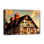Village House Cottage Medieval Timber Tudor Split timber Frame Architecture Town Twilight Chimney Deluxe Canvas 18  x 12  (Stretched)