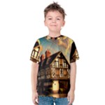 Village House Cottage Medieval Timber Tudor Split timber Frame Architecture Town Twilight Chimney Kids  Cotton T-Shirt