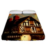 Village House Cottage Medieval Timber Tudor Split timber Frame Architecture Town Twilight Chimney Fitted Sheet (Queen Size)