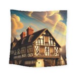 Village House Cottage Medieval Timber Tudor Split timber Frame Architecture Town Twilight Chimney Square Tapestry (Small)