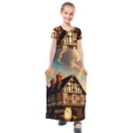 Village House Cottage Medieval Timber Tudor Split timber Frame Architecture Town Twilight Chimney Kids  Short Sleeve Maxi Dress