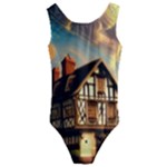 Village House Cottage Medieval Timber Tudor Split timber Frame Architecture Town Twilight Chimney Kids  Cut-Out Back One Piece Swimsuit