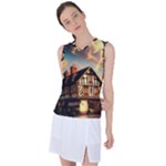 Village House Cottage Medieval Timber Tudor Split timber Frame Architecture Town Twilight Chimney Women s Sleeveless Sports Top