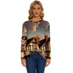 Village House Cottage Medieval Timber Tudor Split timber Frame Architecture Town Twilight Chimney Long Sleeve Crew Neck Pullover Top
