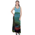 Boat Canoe Swamp Bayou Roots Moss Log Nature Scene Landscape Water Lake Setting Abandoned Rowboat Fi Sleeveless Velour Maxi Dress