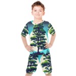 Pine Moon Tree Landscape Nature Scene Stars Setting Night Midnight Full Moon Kids  T-Shirt and Shorts Set