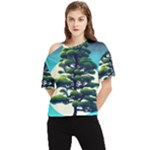Pine Moon Tree Landscape Nature Scene Stars Setting Night Midnight Full Moon One Shoulder Cut Out T-Shirt
