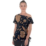 Background Pattern Leaves Texture Off Shoulder Tie-Up T-Shirt
